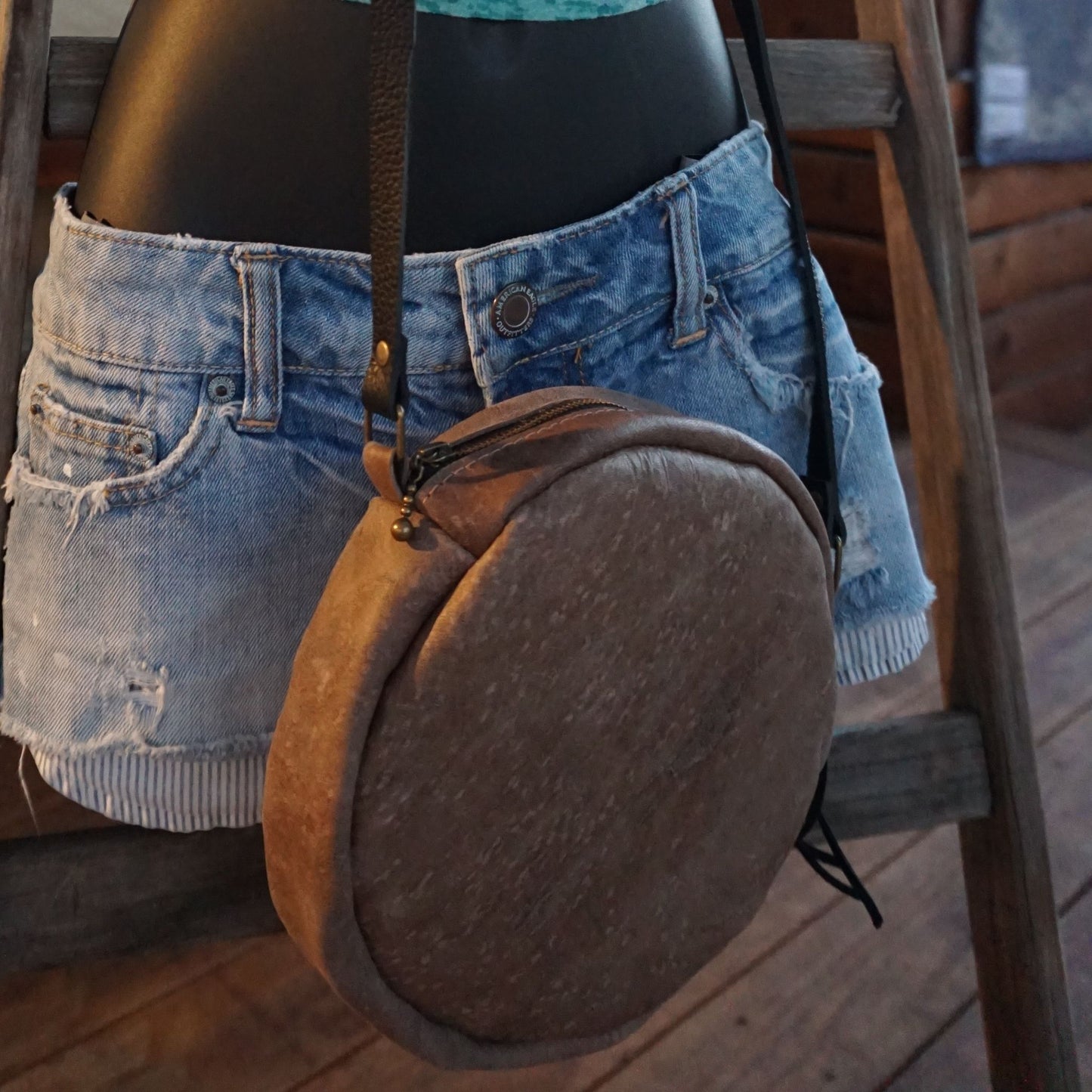 Leather Round Cross body Purse, Raw Hide Leather Crossbody Bag, Round Tan Cross body Bag (Copy)