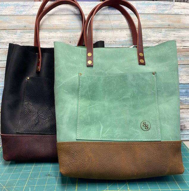 Leather 2 Tone Tote Bag, Leather School Bag, Shopping Bag, Leather Computer Bag